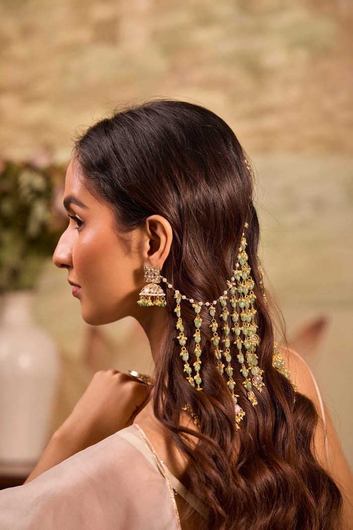 Kundan jhumka with cascading green bead and pearl hair chains