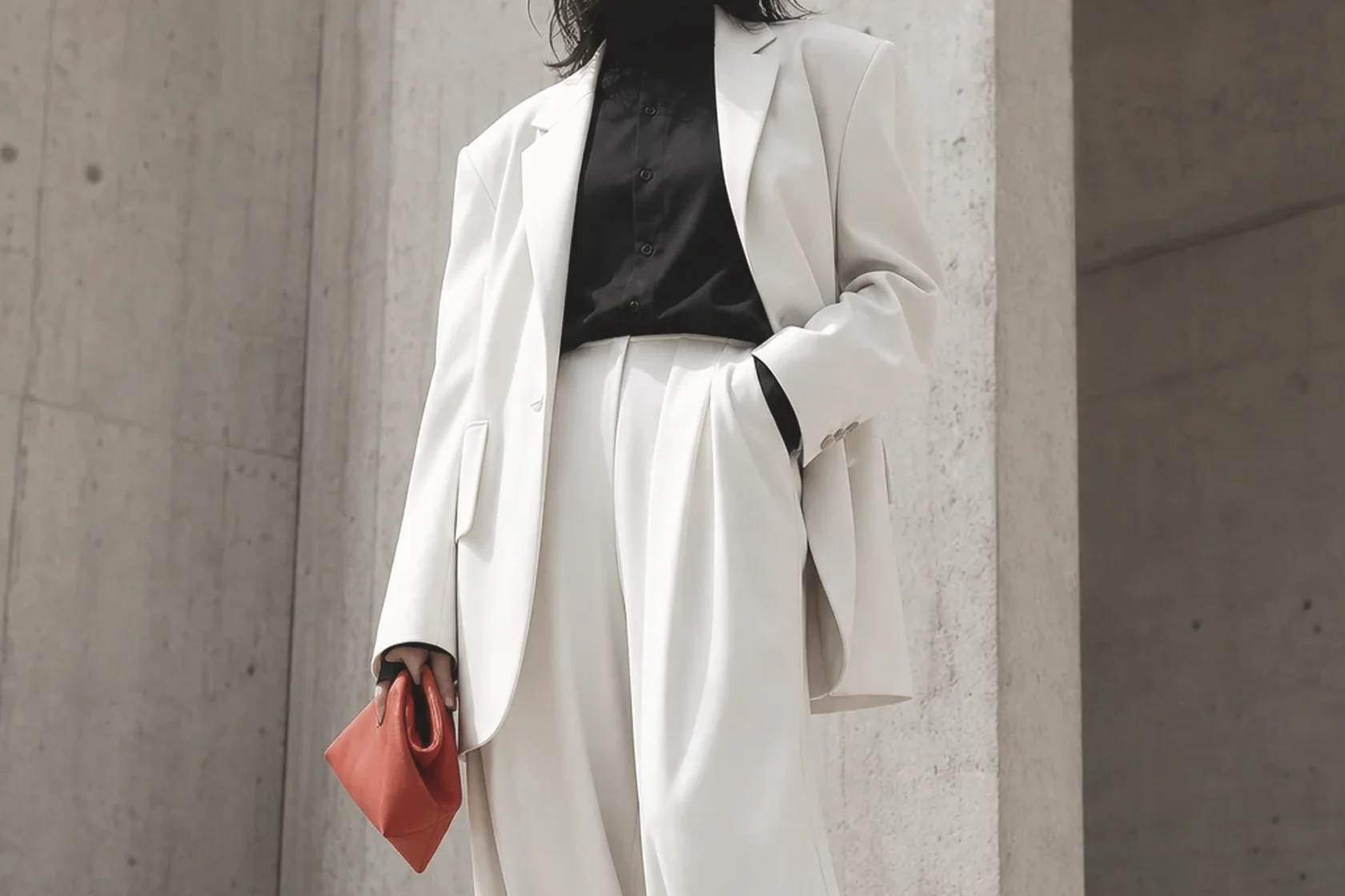 Tailored white look against a pale stone wall