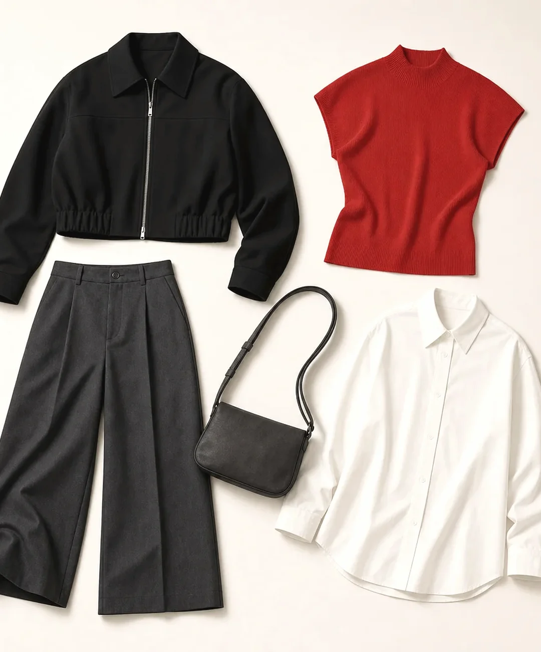 Coordinated black and red garments arranged as a flatlay