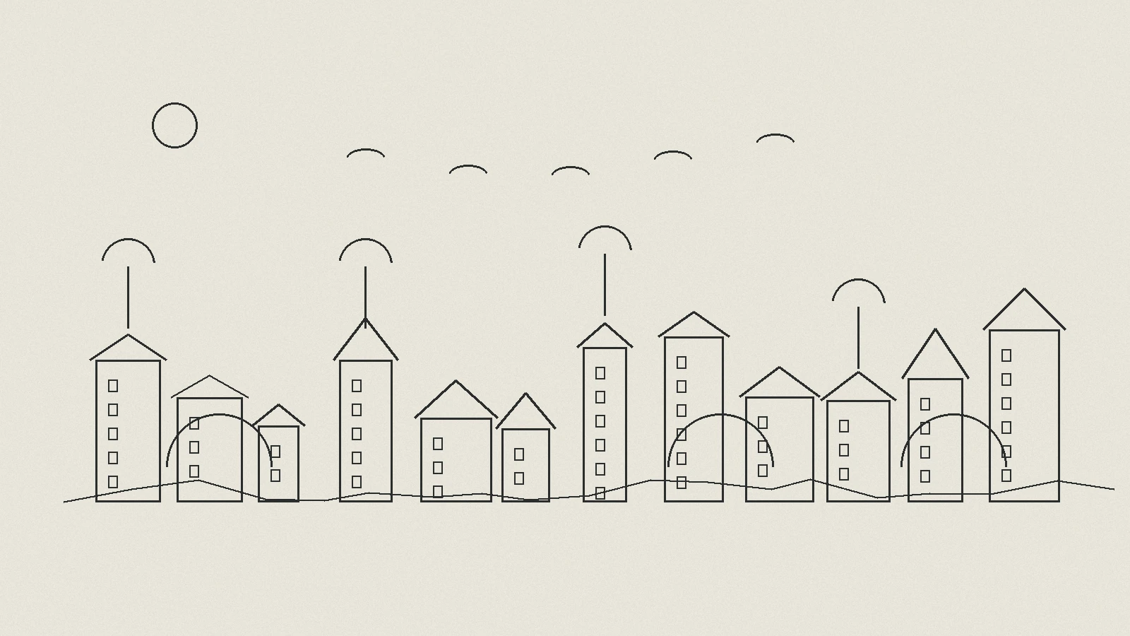 Original line drawing of a textile town
