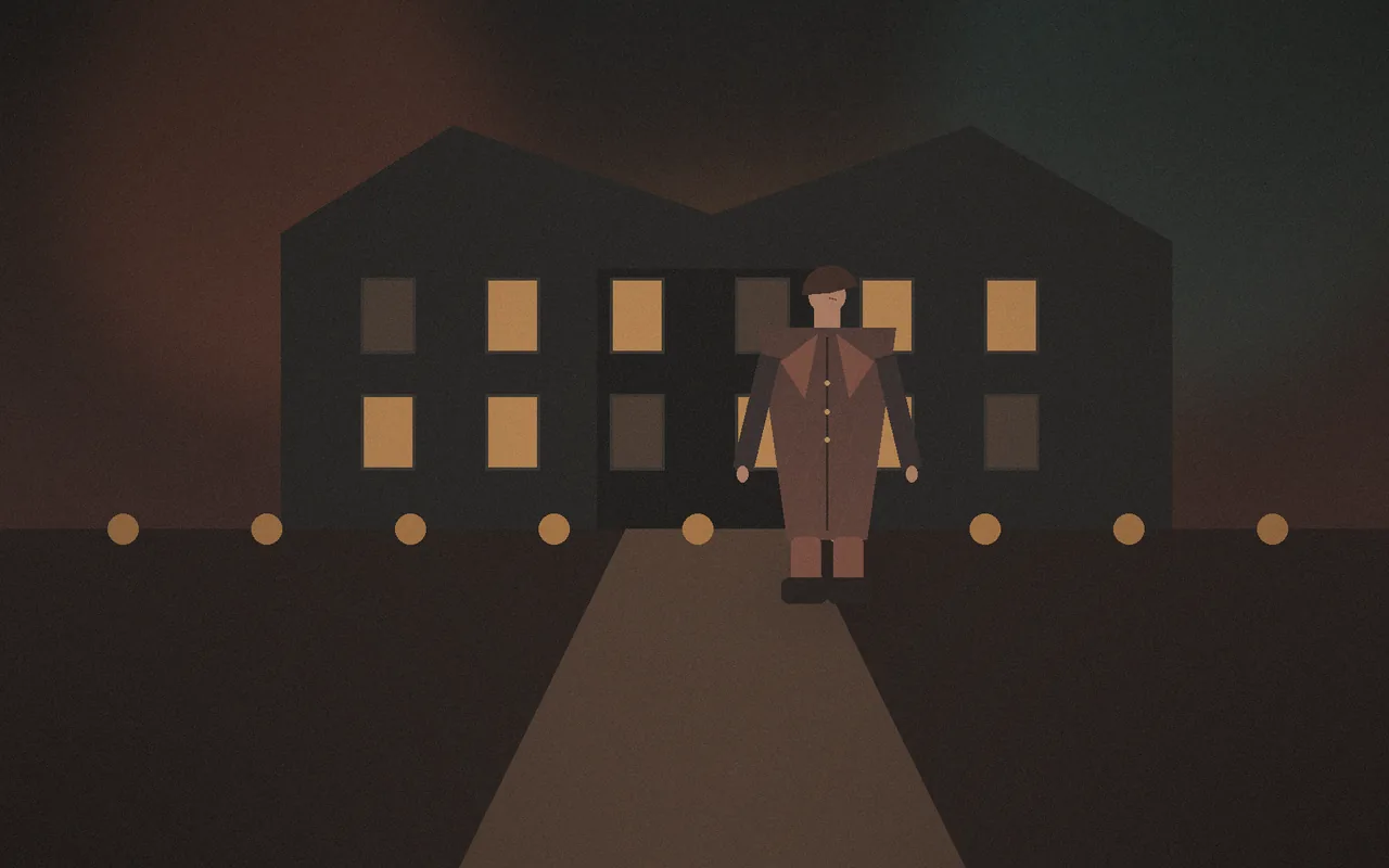 A lone guest approaching a modernist estate at night