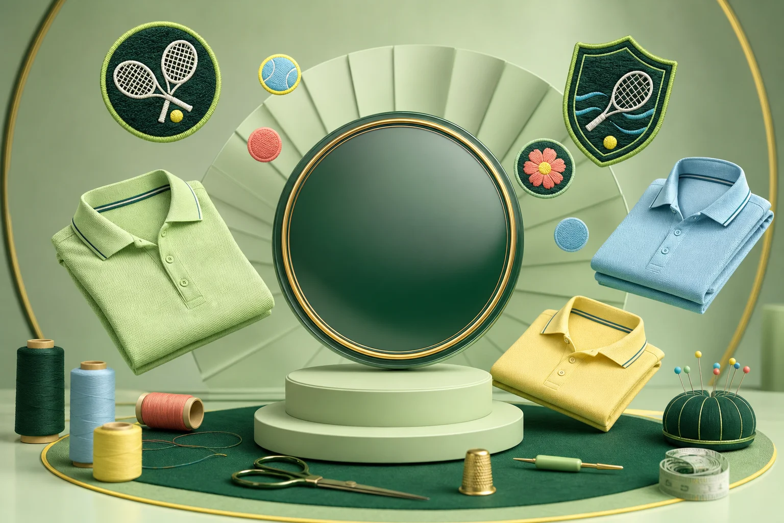 Pastel court atelier with folded polos, sewing tools, and embroidered tennis patches