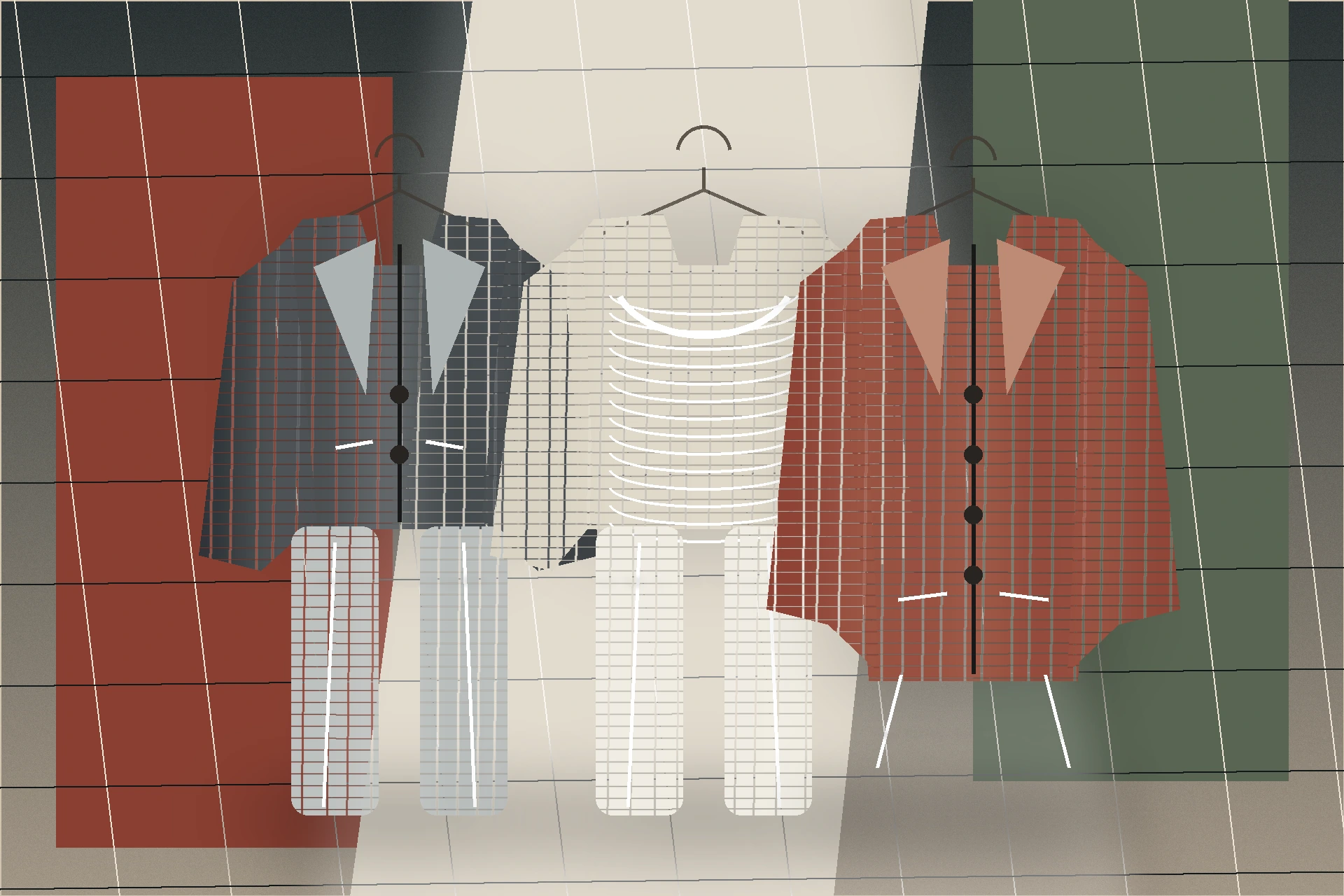 Abstract textile studio with three original tailored looks